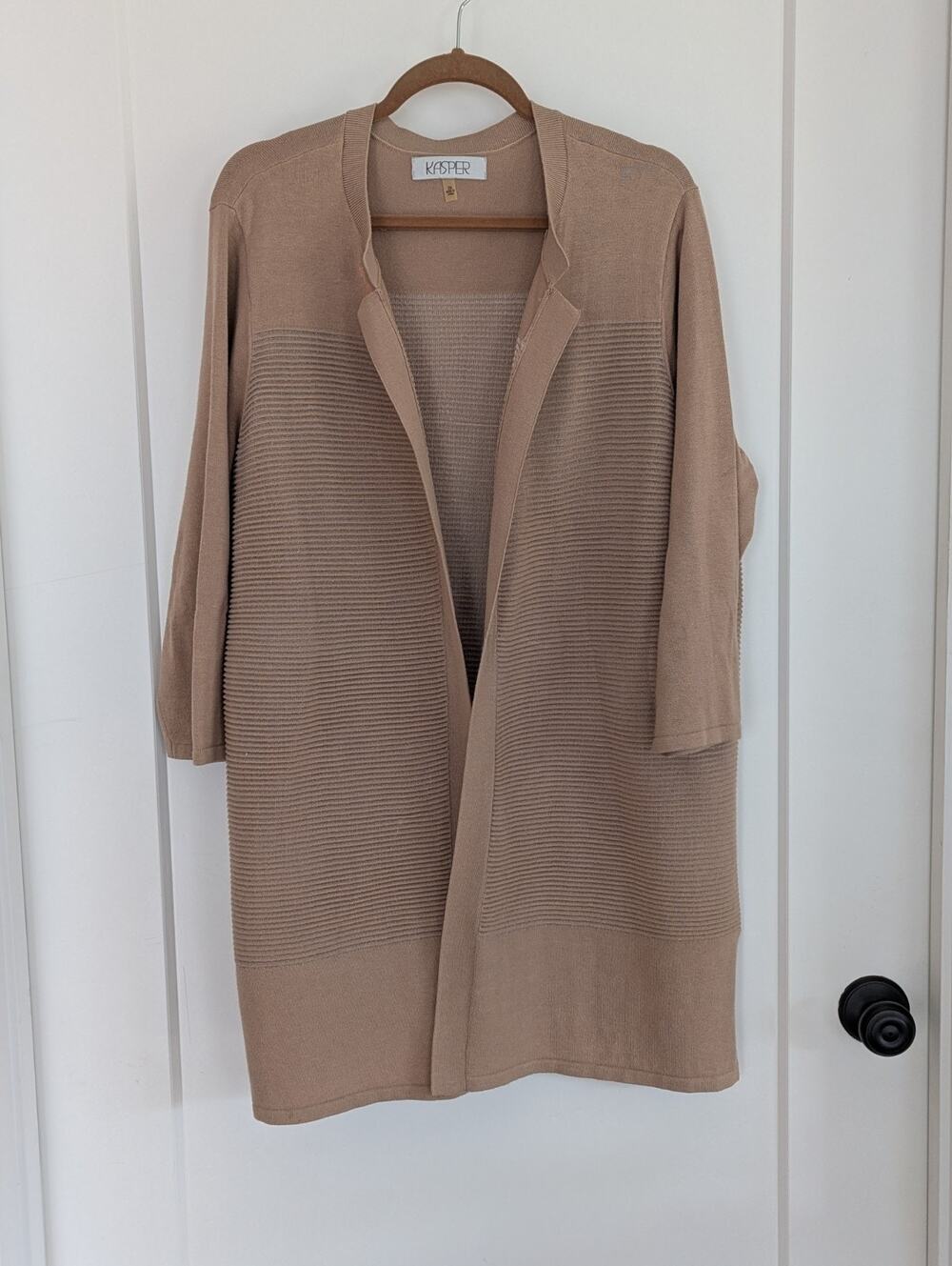 Kasper Women's 2X Khaki Tan Open Front Sweater Cardigan Long Sleeve Old Money